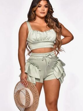 Sage Ruffle Two-Piece Crop Top & Shorts Set